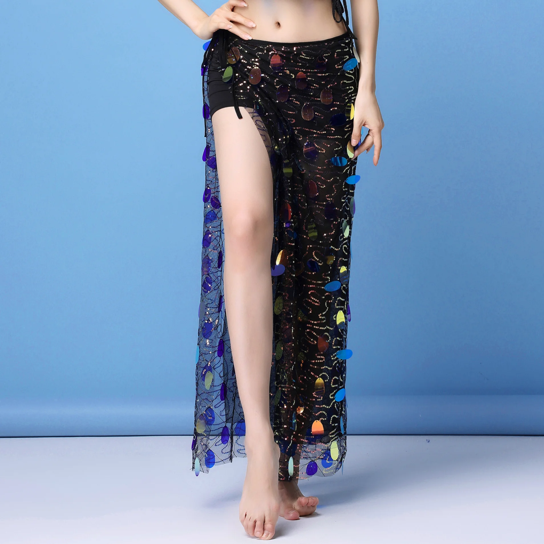 

New 2019 Women Dance Wear Black/White Sequins Adjustable Wrap Belly Dance Hip Scarf Over Skirt Long
