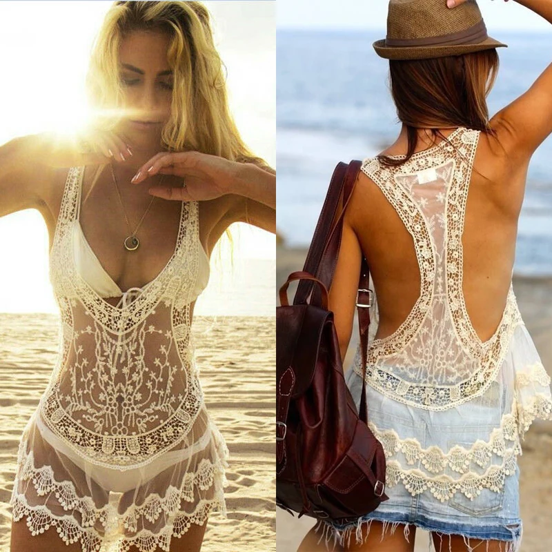 

Summer Women Sexy Lace Bikini Cover Up Swimwear Swimsuit Transparent Cover Ups Vest Bathing Beach Dress