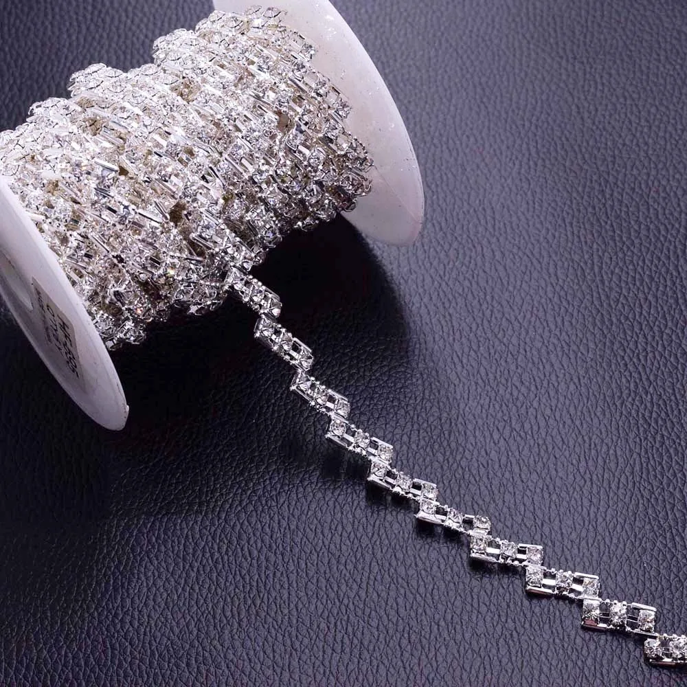 10yards 1cm width handmade silver bead chain sew on rhinestones patch