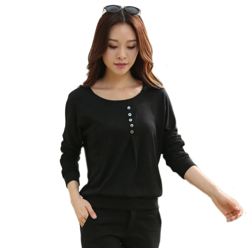 

Plus Size 5xl Button Vogue girl T Shirt O Neck Batwing Long Sleeve spring summer tunic Cotton Korean fashion women black new Tee