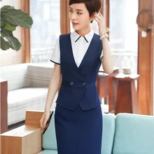 Летние Формальные Дамы жилет и жилет женские деловые костюмы юбка из двух частей и Топ Наборы темно-синий OL стили
