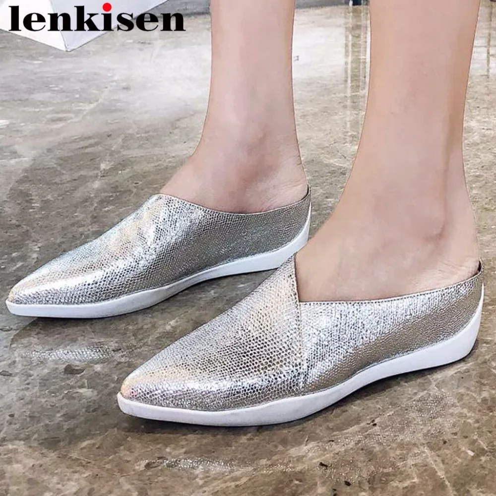 

Lenkisen 2019 new arrival luxury sheep leather slip on mules pointed toe med heels loafers handmade women vulcanized shoes L52