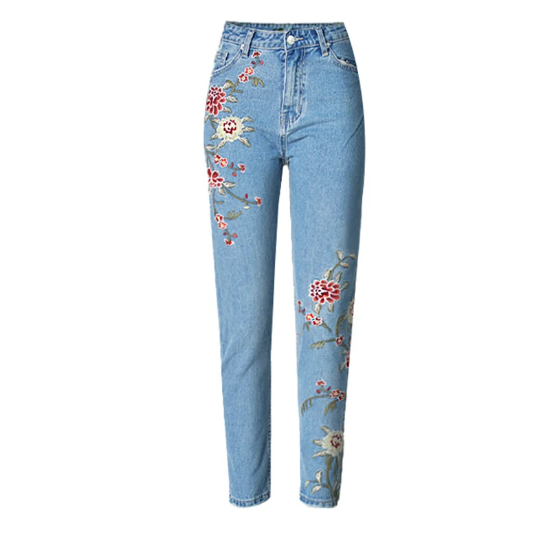 Брендовые модные женские узкие брюки-карандаш с 3D вышивкой спереди и сзади и высокой талией, модные женские джинсовые брюки в пасторальном стиле