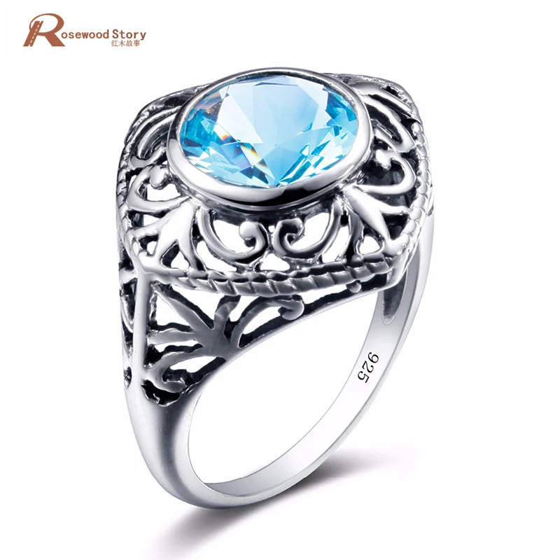 

Promotion Jewelry Flower Pattern Antique Sky Blue Stone 925 Sterling Silver Wedding Rings Russia USA Holiday Australia Rings