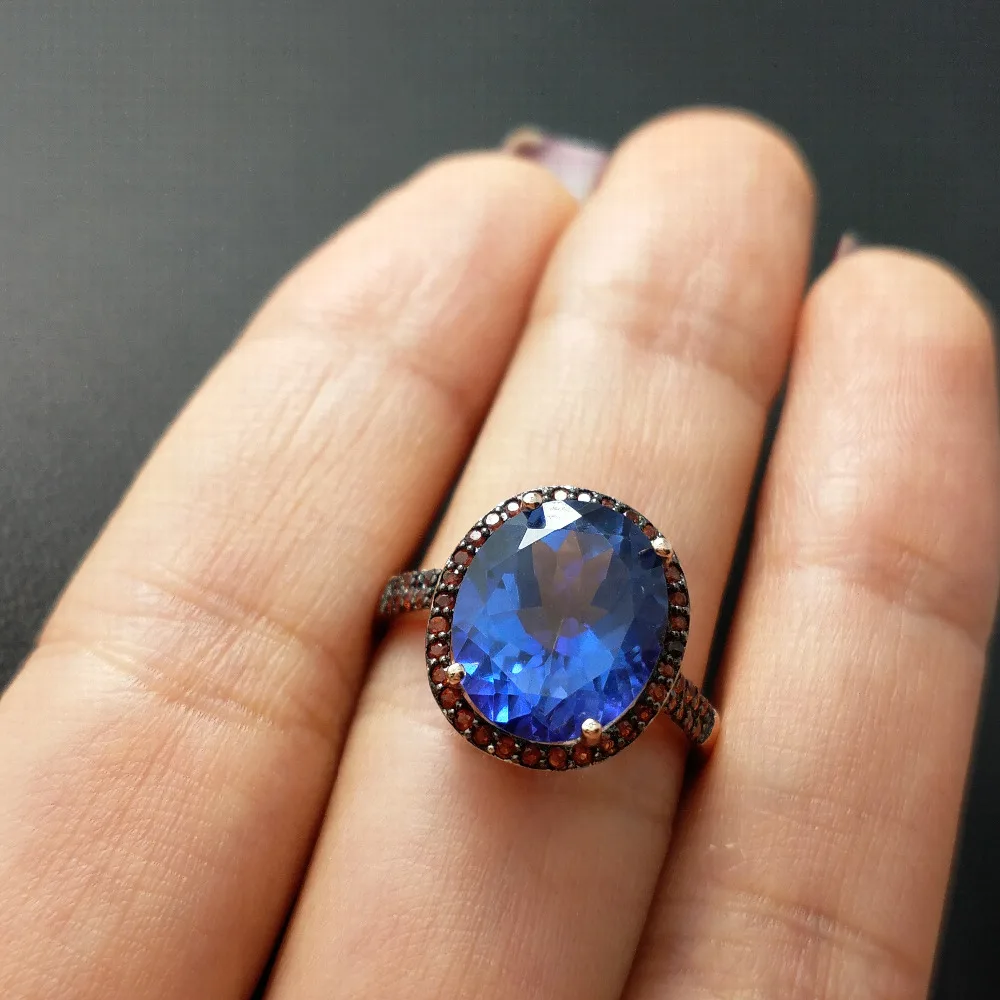

FLZB , Big natural toapz gemstone ring in 925 sterling silver with 18k rose gold plated and small garnet side stone setting ring
