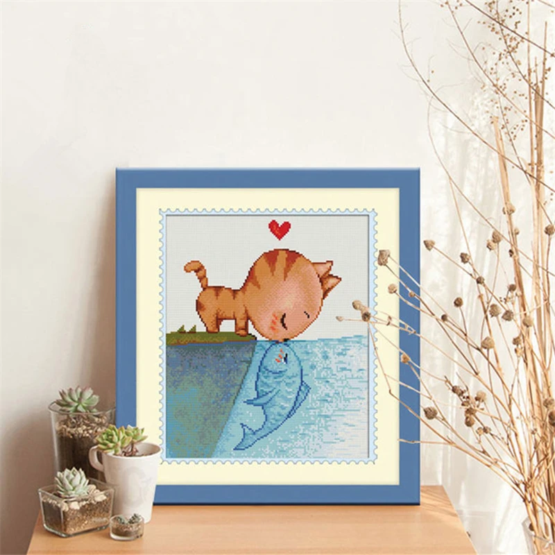 5D DIY Diamond Painting Cat Fall In Love With Fish Cartoon Animal Diamond Embroidery Full Package Rhinestone Mosaic Cross Stitch