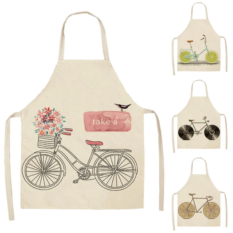 

1Pcs Funny Bicycle Printed Kitchen Apron for Woman Sleeveless Cotton Linen Aprons For Cooking Home Cleaning Tools 53*65cm T1002