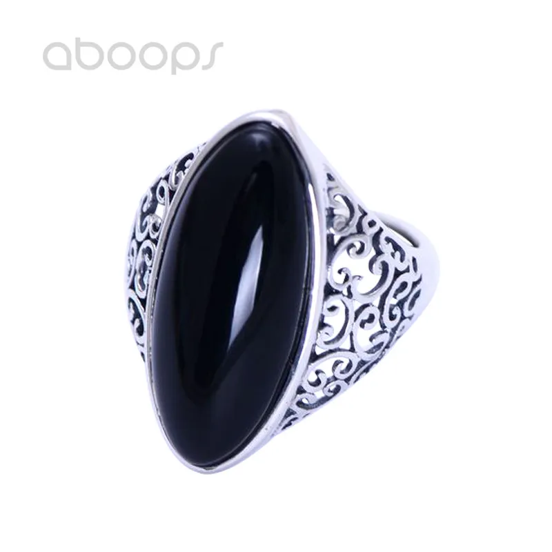 

Vintage Long Black 925 Sterling Silver Hollow Vine Leaf Ring Jewelry with Oval Stone for Women Girls Size 6 7 8 Free Shipping
