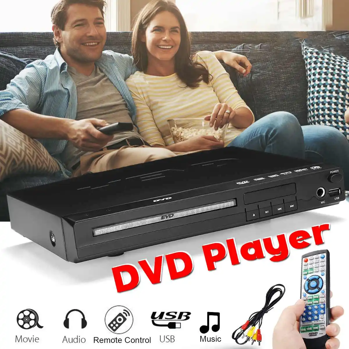 

DVD Player 100-240V Compact Multi Region Free Full HD Mic USB Port With Remote Control EU Plug Black Plastic 258x200x37mm