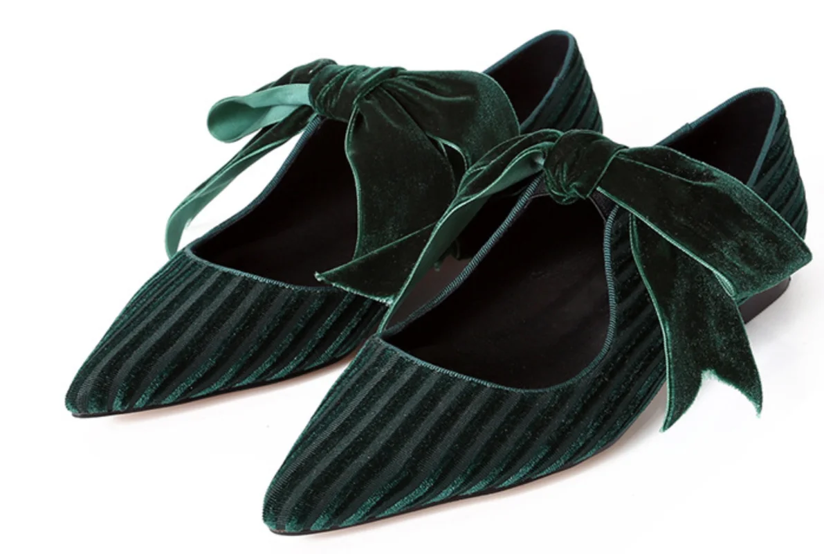 

Womens Pointed Toe Velvet Real Leather Bowknot Flats Slip On Shoes Retro Black Green Oxfords New A1022