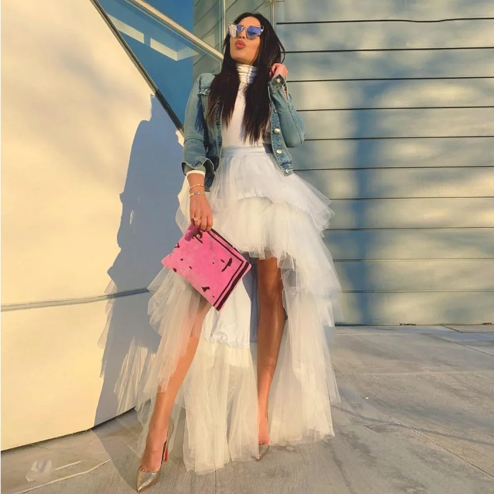 

Saias Skirts Tulle Ivory Custom Made Maxi Skirt Party Custom Made jupe femme Hi Low Front Short Back Long Skirts