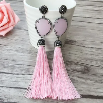 

5 pairs Faceted opal stone Crystal Connector Double Bails with Boho Rhinestone Stone Tassel Dangle Charms Jewelry Earrings ER255