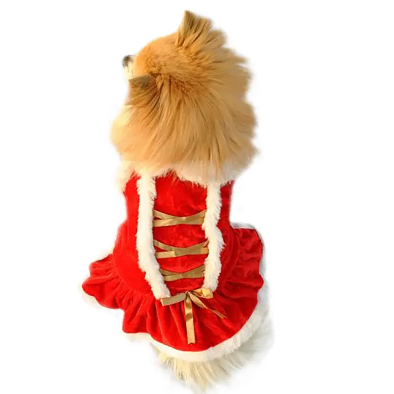 Small Medium Dogs Dresses Red Gold Ribbon Velvet Dog Clothes Classic