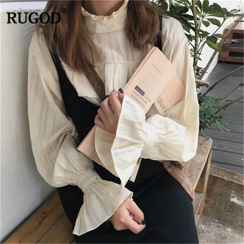

RUGOD 2019 Flare sleeves o neck women blouses pleated sweet casual korean style solid modis femme tops spring camisas mujer