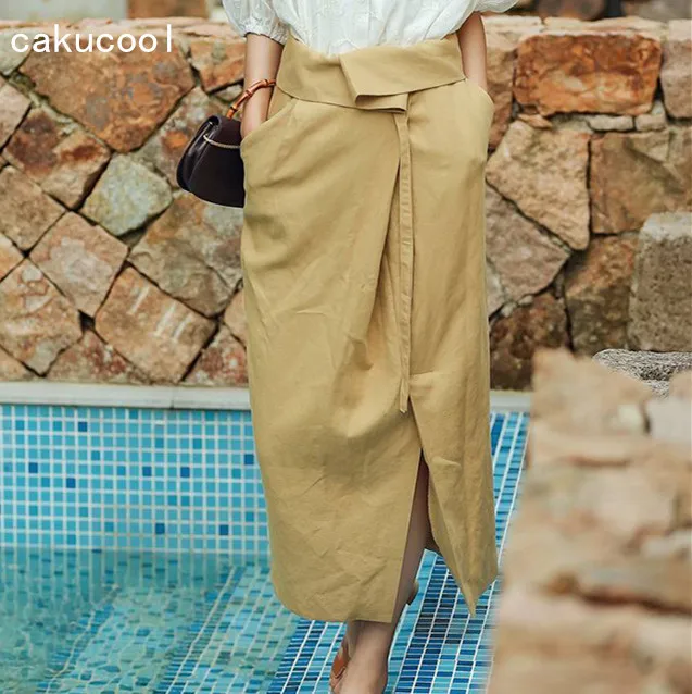 Cakucool Khaki Long Skirt Runway Design High Waist Skirt Asymmetrical