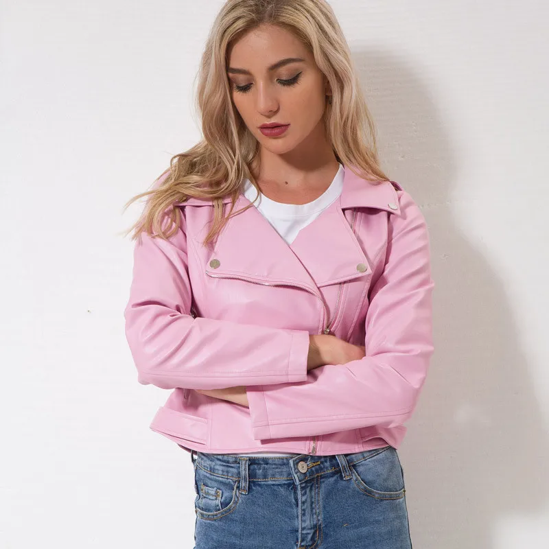 Pink Leather Jacket Women New Autumn Fashion Short Slim Zipper Pockets Waterproof Moto PU Faux Leather Coat Feminina LR267