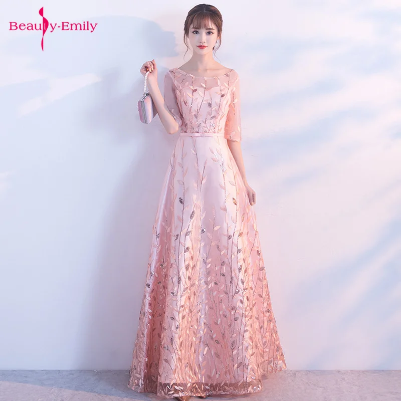 

Beauty Emily 2019 Pink O Neck Evening Party Dresses Lace Appliques Floral Sequins Prom Gowns Tulle Elegant Party Dress Vestido