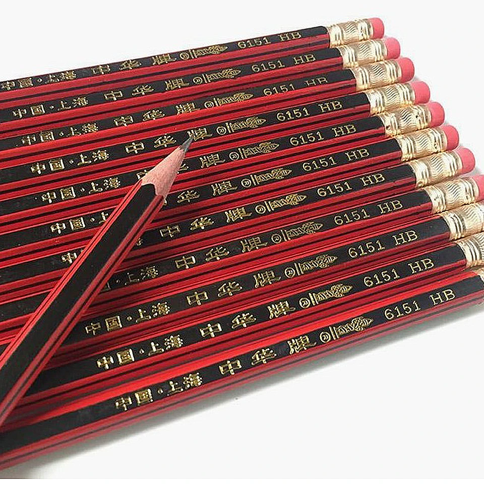 HB 6151 pencil,Shanghai Zhonghua brand wooden pen HB rubber head pencil