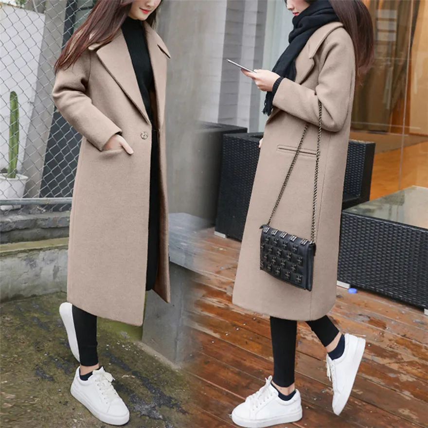 A Fashion khaki black Coffee green khaki Lapel Coat Sleeve Womens Trench green coffee Long Wool Outwear Winter 1106 Overcoat 733 Black rXZ5qw5d