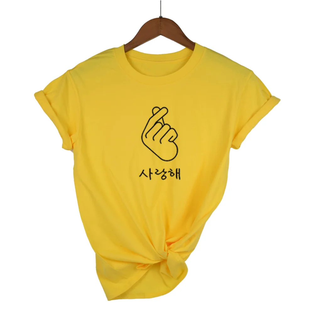 Корейская футболка с надписью «Finger Heart I Love You» Hangul, хипстерская женская футболка с коротким рукавом и принтом, летние женские топы, женская футболка - Цвет: Yellow-B