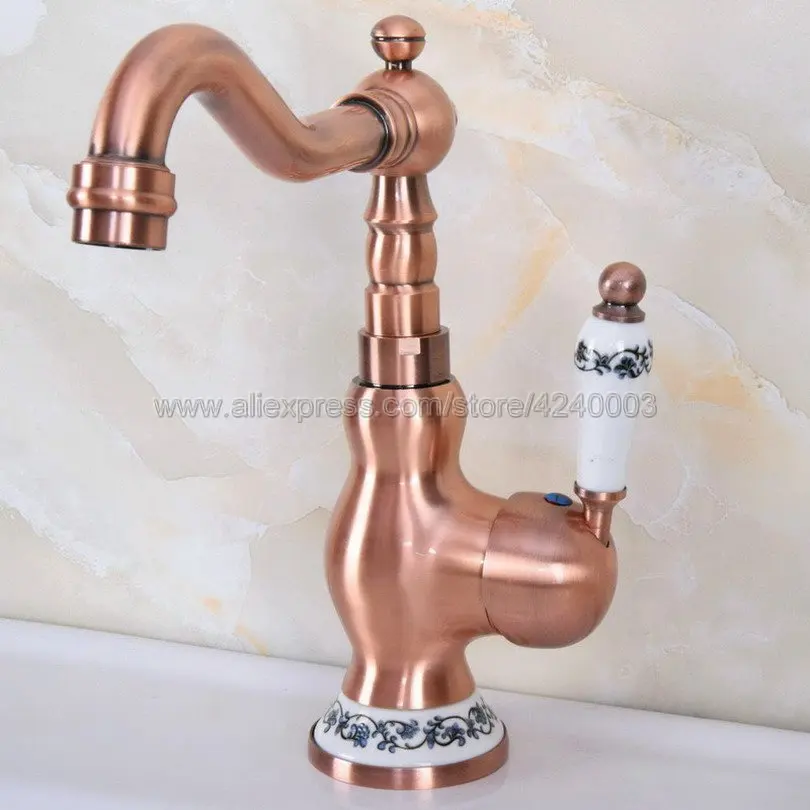 

Antique Red Copper Porcelain Base Bathroom Basin Sink Faucet Single Handle Single Hole Mixer Tap Deck Mounted Knf639