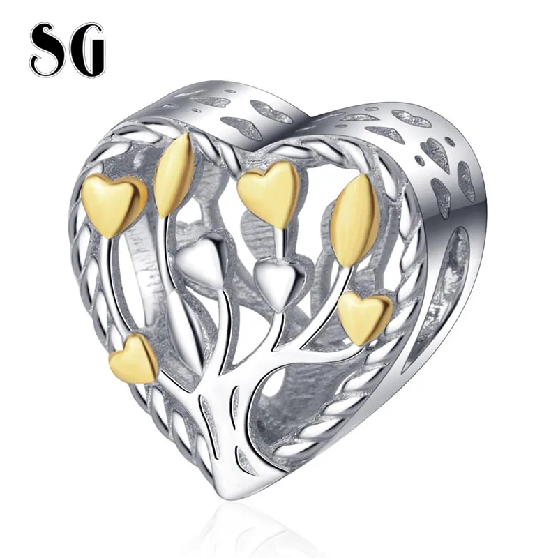 

SG New Design 100% 925 sterling silver Family Tree beads Gold Heart Shape Charms Fit European Bracelet for Women DIY Jewelry
