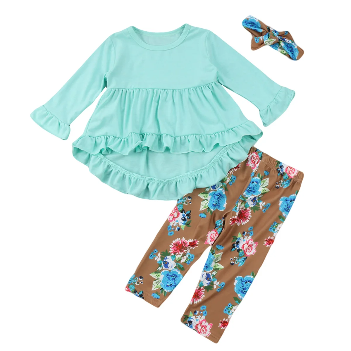 

Newest Green Irregular 3Pcs Kids Baby Girls Flowers Long Sleeve Tops Dress Pants Legging Outfits Set Clothes