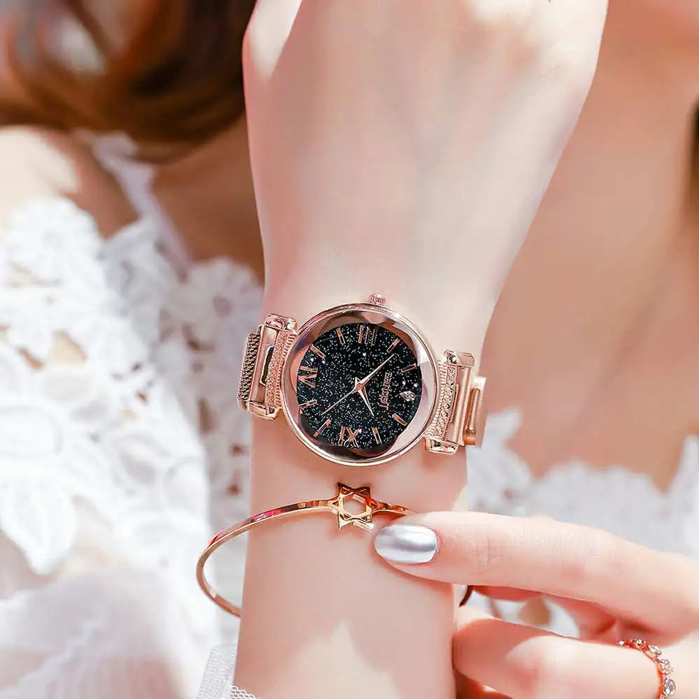 

2019 New Luxury Rose Gold Women Watch Starry Sky Magnet Buckle Ladies Creative Clock Waterproof Female Wristwatch zegarek damski