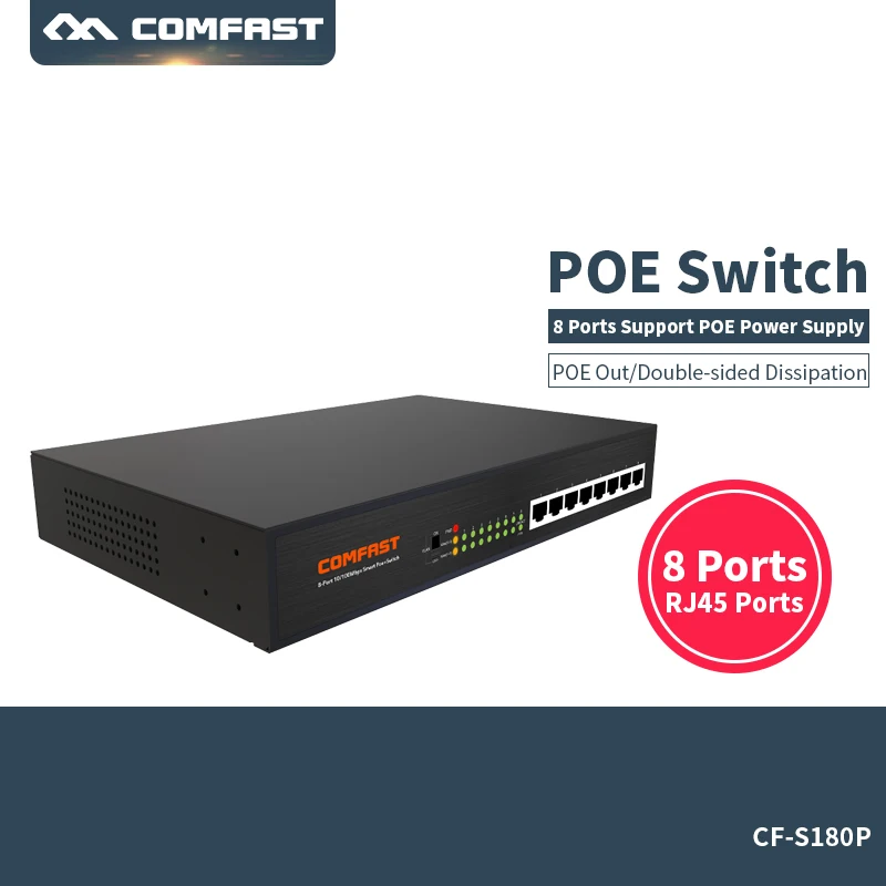 

COMFAST 8 Port Poe Switch 8 Ports DC Desktop Ethernet Switch Network IP Cameras Powered PoE CF-S180P 48V Real Poe Supply