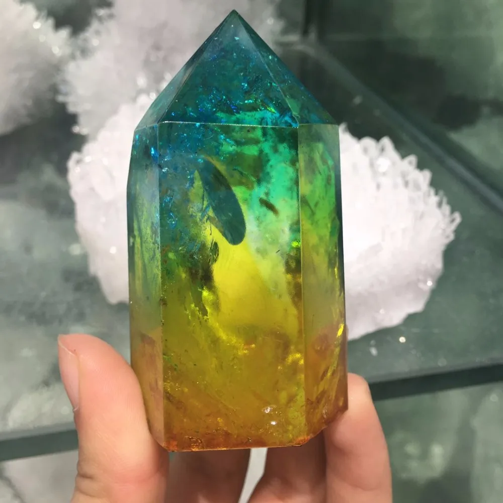 

Angel Aura Quartz Green YellowTitanium Bismuth Coated Crystal Wand Point Healing Crystal Hexagonal Prism Stone Figurine Specimen