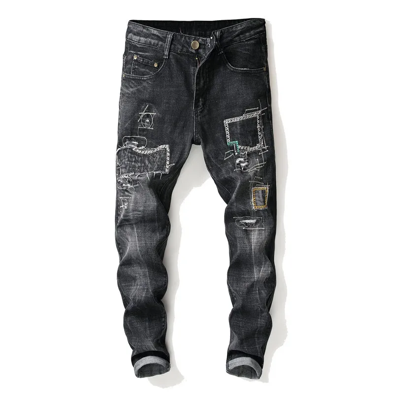 Модные Дизайнерские мужские узкие прямые винтажные джинсы с заплатками Вышивка Лоскутное ripped Проблемные Джинсы серый erkek Жан