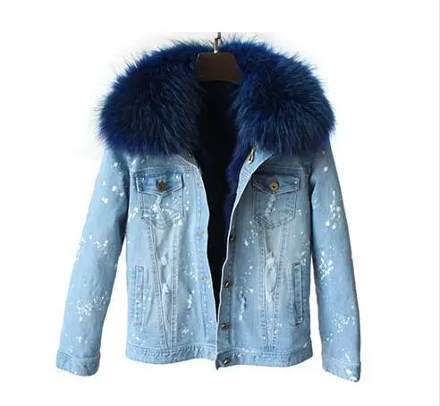 Бренд, повседневное новое пальто с мехом, зимняя куртка, женская джинсовая куртка с дырками, парка, воротник из натурального меха енота, подкладка из лисьего меха, теплая - Цвет: Light-colored blue