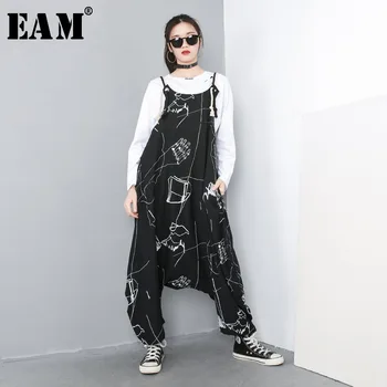 

[EAM] 2020 New Spring Autumn Big Size Personality High Waist Print Pocket Stitch Loose Baggy Pants Women Jumpsuit Fashion 1C057