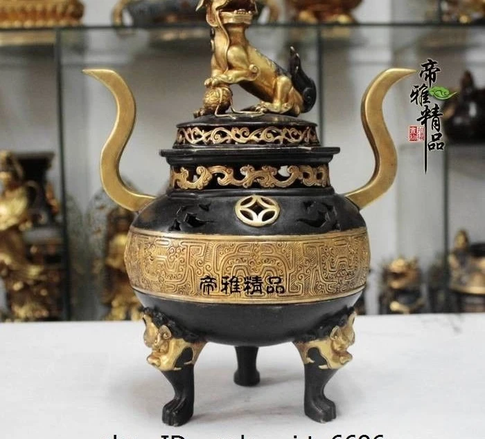 

Chinese Buddhism Palace Copper 24K Gold Gild Foo Dog Lion Incense Burner Censer