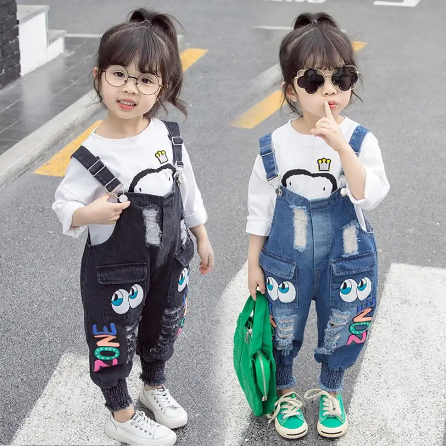 

Baby girl denim jumpsuit 2019 spring summer new fashion print overalls for children's kids loose cotton hole jeans 1-6Y ws327