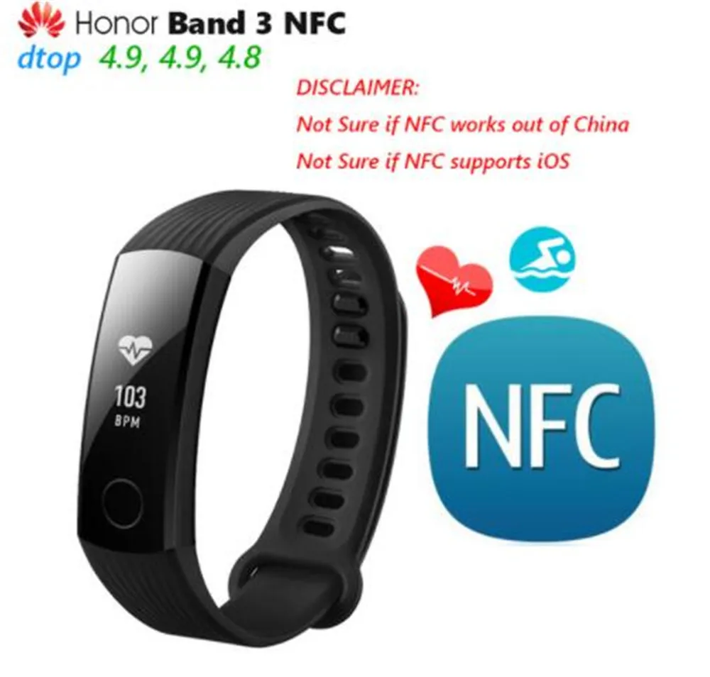 

Original Huawei Honor Band 3 NFC Edition Smart Wristband Real-time Heart Rate Monitoring 5ATM Waterproof For Fitness Tracker