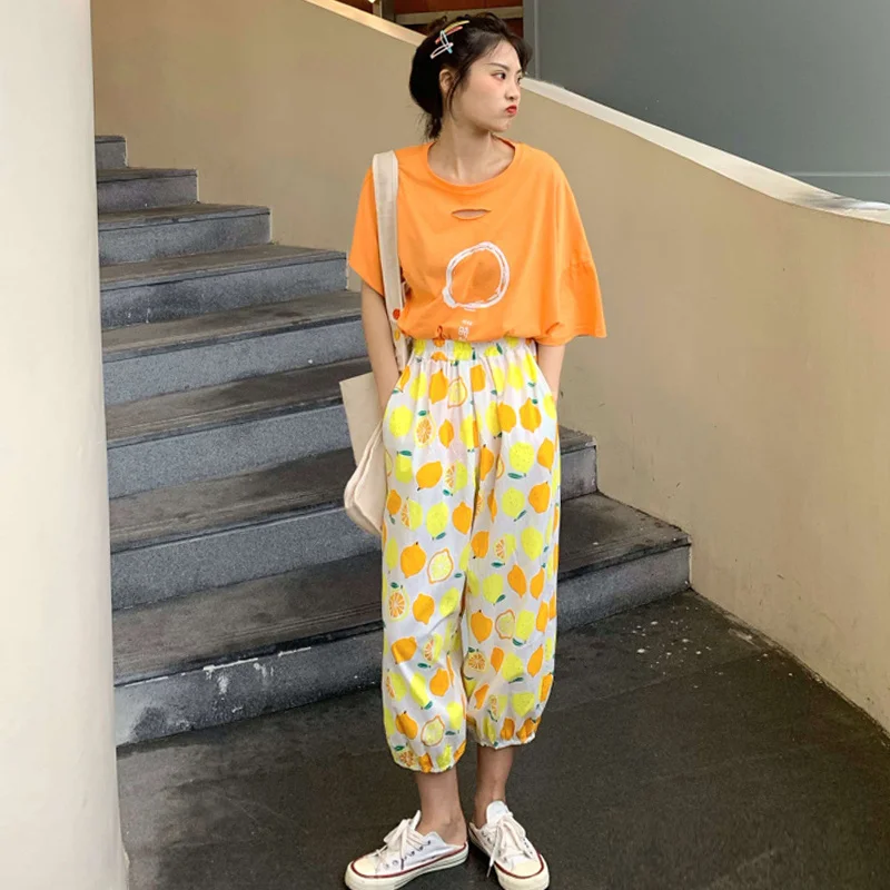 

Cute Pants Women Lemon Printed High Waist Loose Haram Pants Summer Casual Sweet Pant for Girls