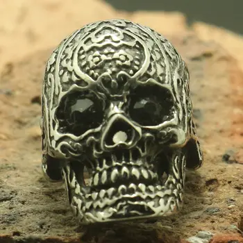 

316L Stainless Steel Cool Classic Flower Skull Black Stone Eye Biker Hot Ring
