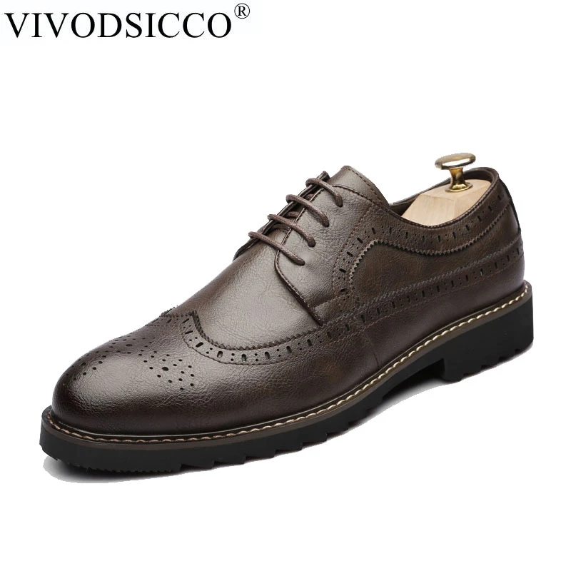 

VIVODSICCO Men Oxfords Shoes British Style Retro Carved Genuine Leather Shoe Brogue Shoes Lace-Up Bullock Business Men's Flats