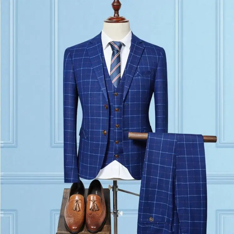 (Jacket+Vest+Pants) 2019 High Quality Fashion Grid Check Tuxedo Men Suit Slim Fit Formal Wedding Suit Men Terno Masculino Suits (Jacket+Vest+Pants) 2019 High Quality Fashion Grid Check Tuxedo Men Suit Slim Fit Formal Wedding Suit Men Terno Masculino Suits
