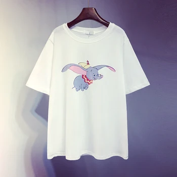 

2019 New Summer Fashion Loose Female Pullovers Top Cartoon Printing Students Basic Tees Solid Color Short Sleeve T-shirts