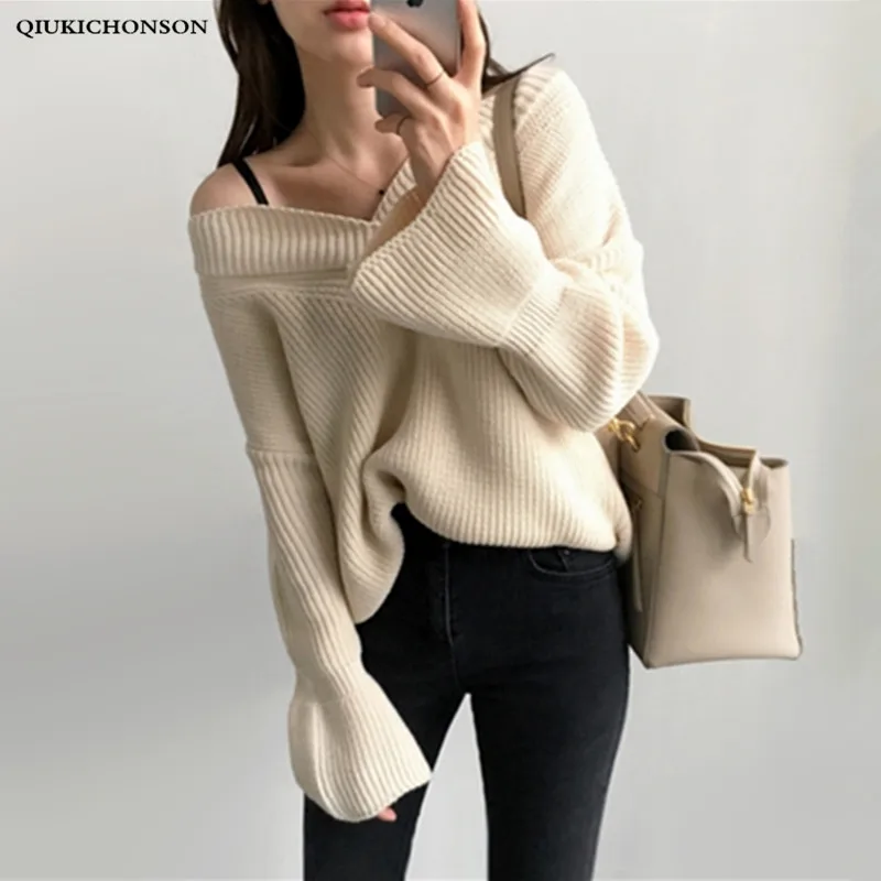 Korean Fashion Lazy Oaf Big V Neck Off Shoulder Sweater Women Long Flare Sleeve Loose Oversized Pullovers Jumpers Ladies | Женская