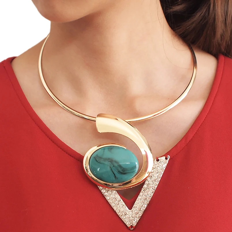 MANILAI Big Oval Resin Set Jewelry Metal Torques Cuff Bracelet Bangles Necklace Women Alloy Statement Necklaces Party Sets