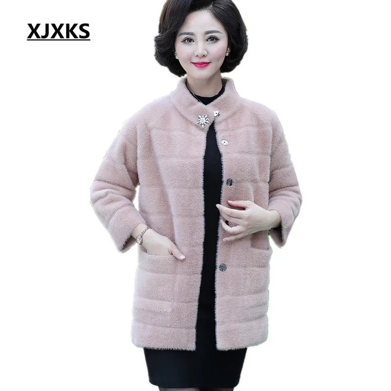 

XJXKS 2018 autumn and winter new women long coat fashion Mandarin Collar women imitation Mink cashmere loose large size coat