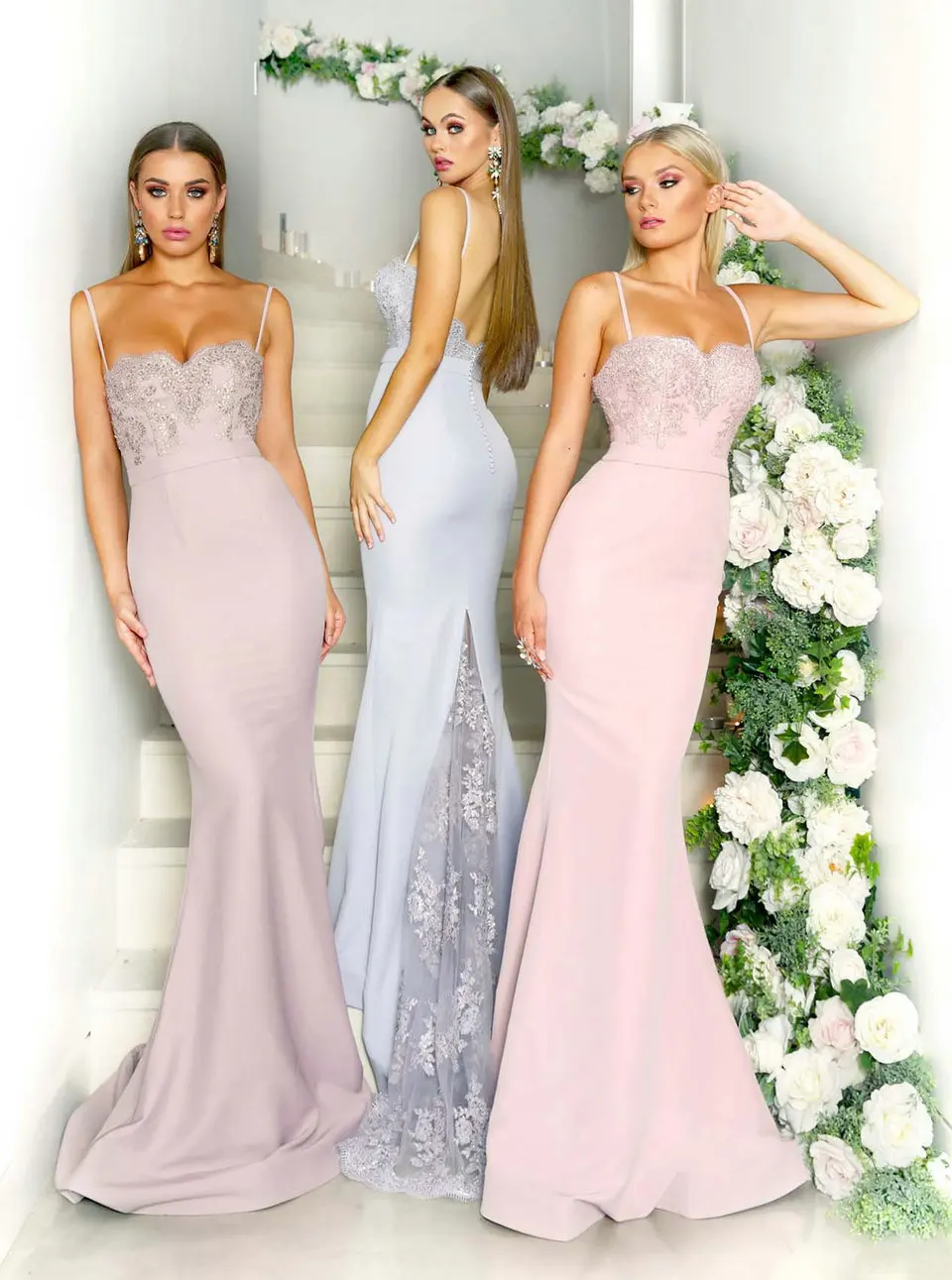 Стильные розовые длинные платья подружки невесты для банкета, свадебной вечеринки, милое платье из эластичной ткани, кружевное пышное платье русалки для женщин