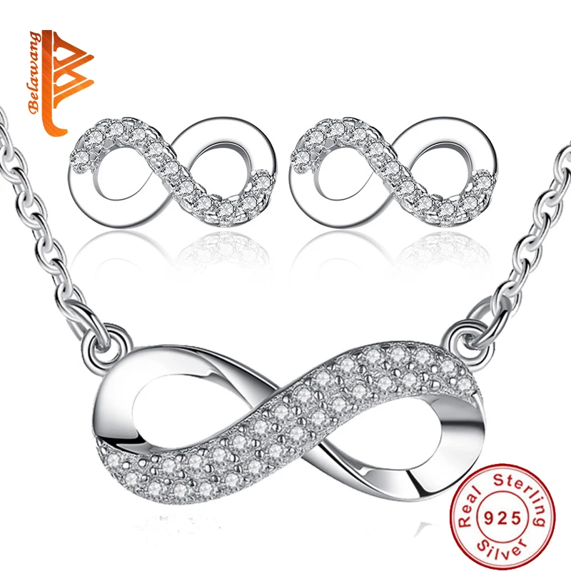 

Unique 925 Sterling Silver Crystal Eternal Love Necklace Stud Earrings Jewelry Sets For Women Romantic Anniversary Gifts