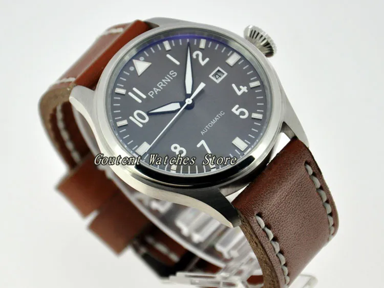 

47mm Parnis Date Leather Big Black Dial Automatic Men's Watch