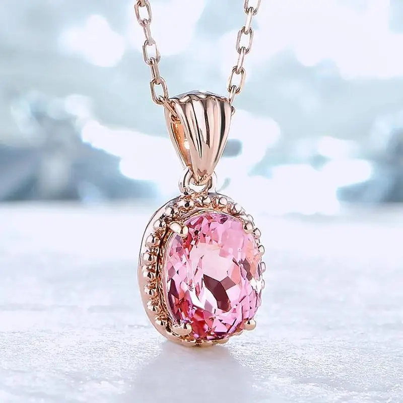 

Everoyal Luxury Crystal Pink Oval Girls Pendant Necklace Jewelry Top Quality Silver 925 Necklace Female Gold Choker Accessories