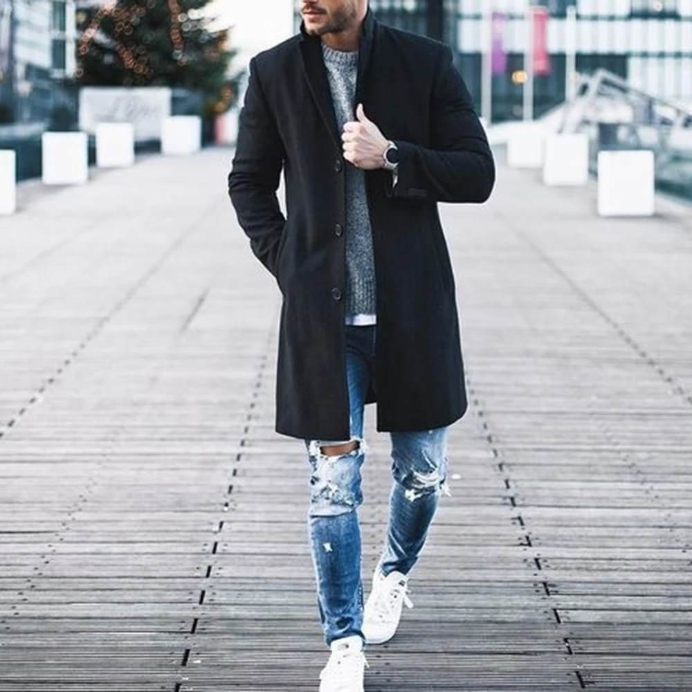 Solid Business Casual Woolen Trench Coats Male Medium Slim Collar Leisure Button Jackets Autumn Winter Fashion Tops Streetwear