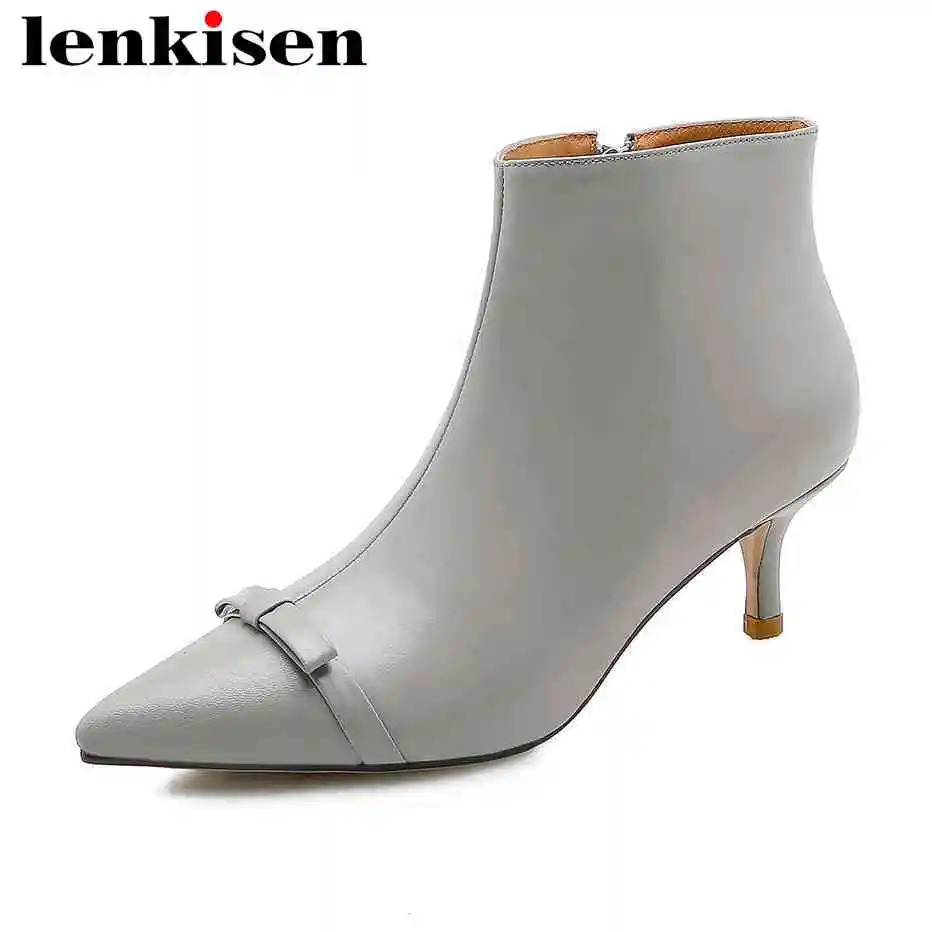 

Lenkisen concise brand design solid pointed toe zipper cow leather sweet butterfly-knot med heels women winter ankle boots L01